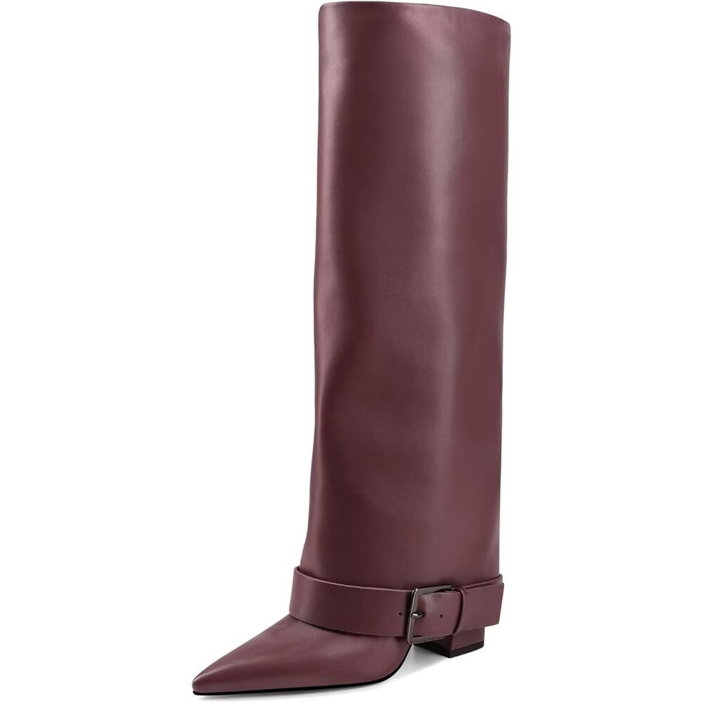 Women's Burgundy Knee High Boots Fold Over High Heel Belt Buckle Fall Long
